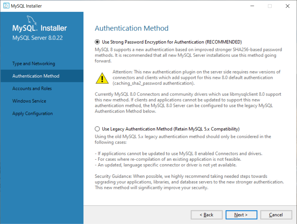 MySQL Authentication Method